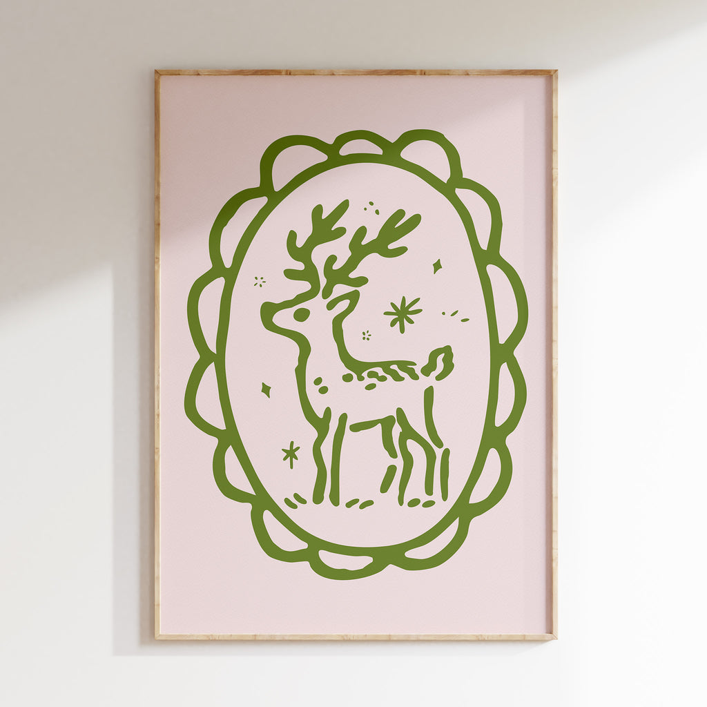 Elegant Reindeer Christmas Wall Art | Green Line Holiday Illustration Print