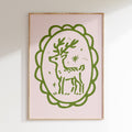 Elegant Reindeer Christmas Wall Art | Green Line Holiday Illustration Print