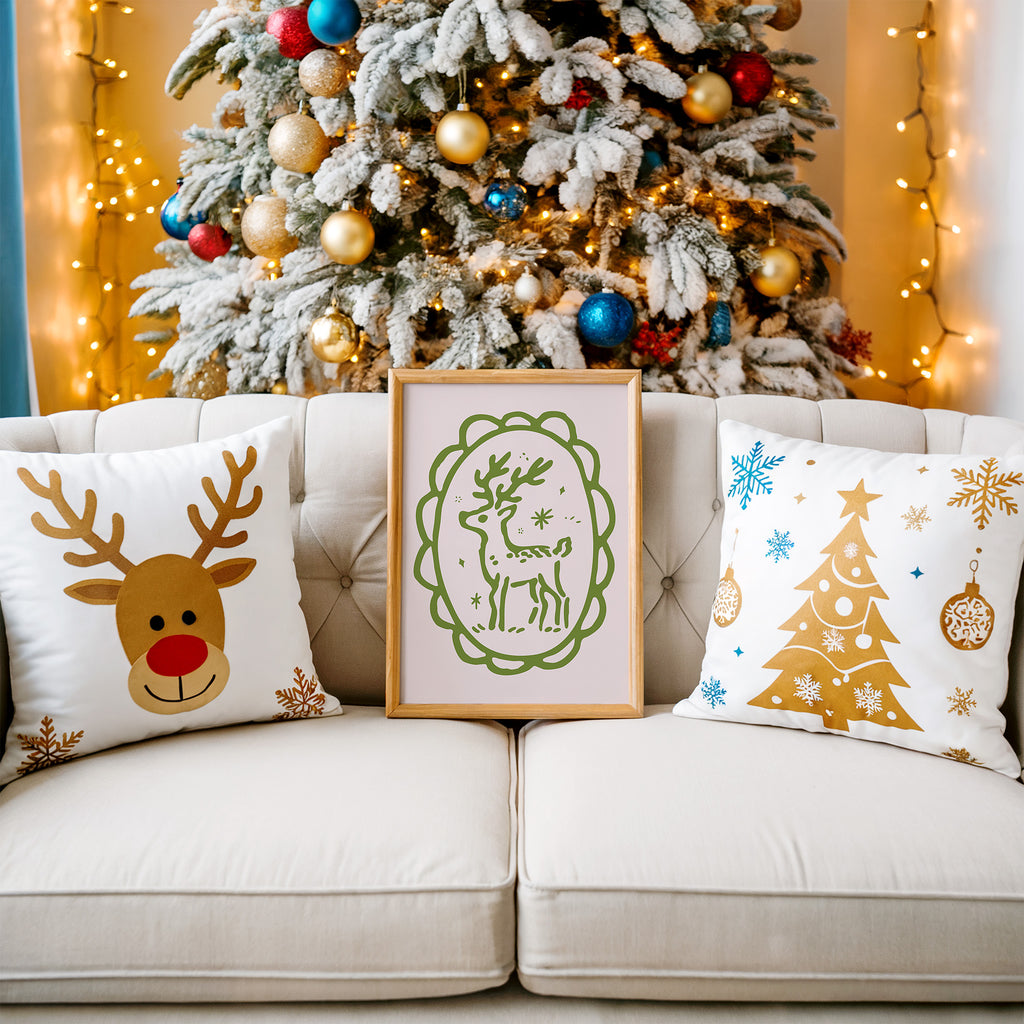 Elegant Reindeer Christmas Wall Art | Green Line Holiday Illustration Print