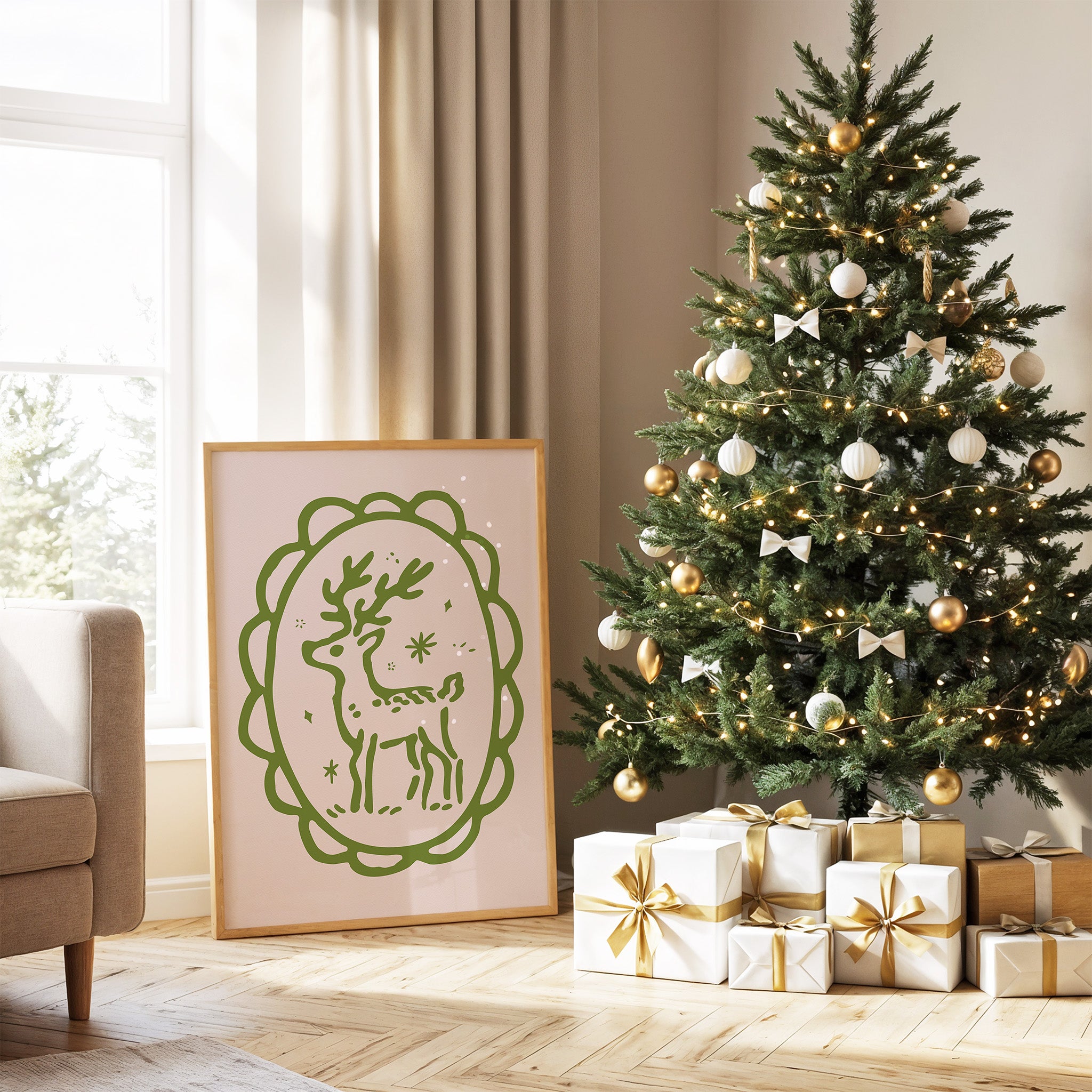 Elegant Reindeer Christmas Wall Art | Green Line Holiday Illustration Print
