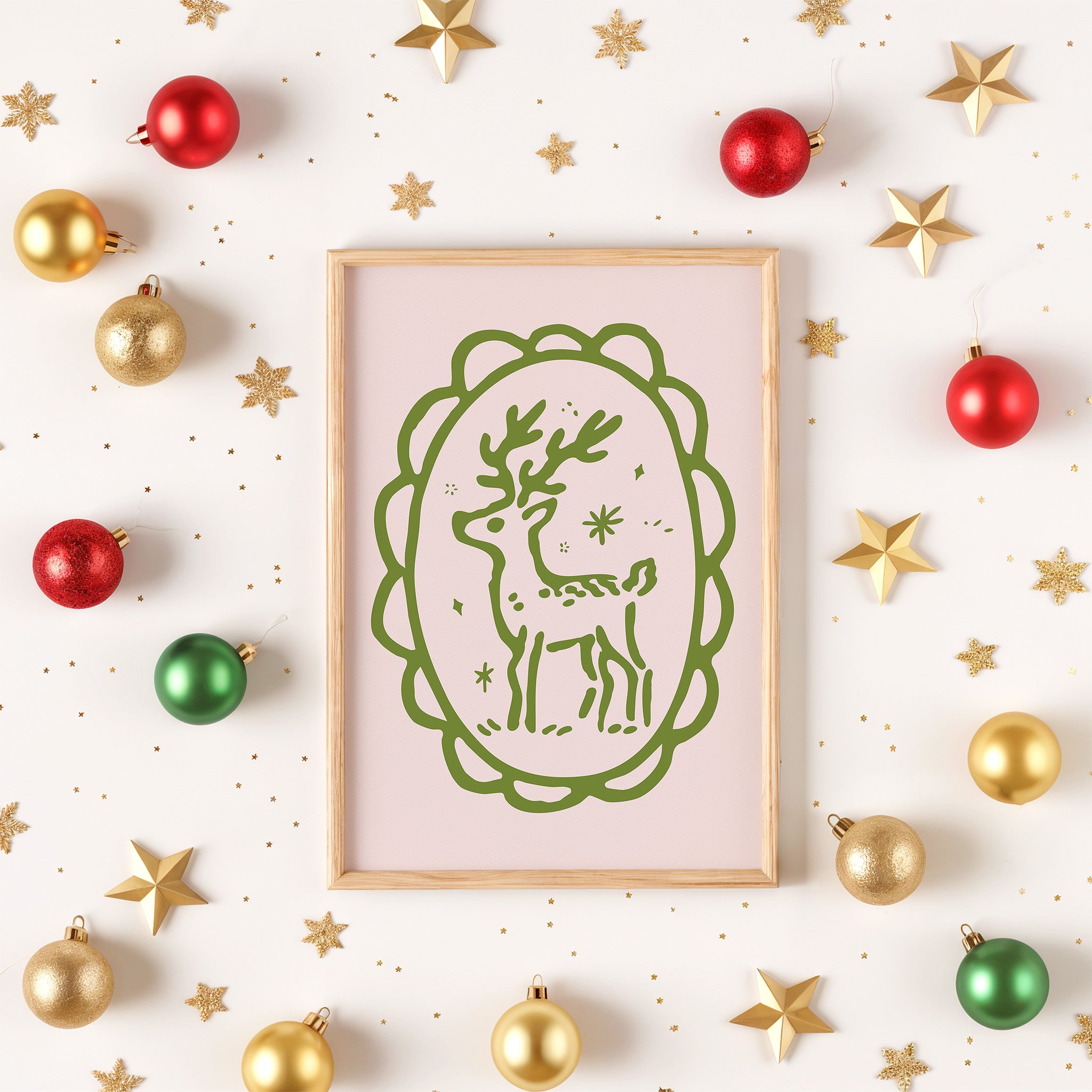 Elegant Reindeer Christmas Wall Art | Green Line Holiday Illustration Print