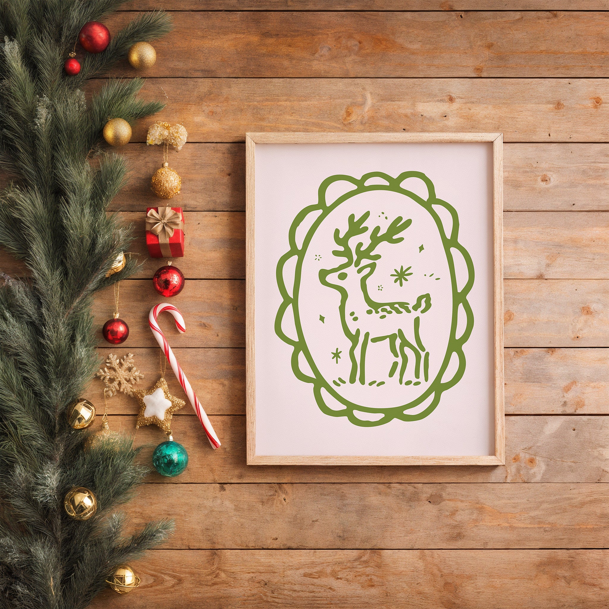 Elegant Reindeer Christmas Wall Art | Green Line Holiday Illustration Print