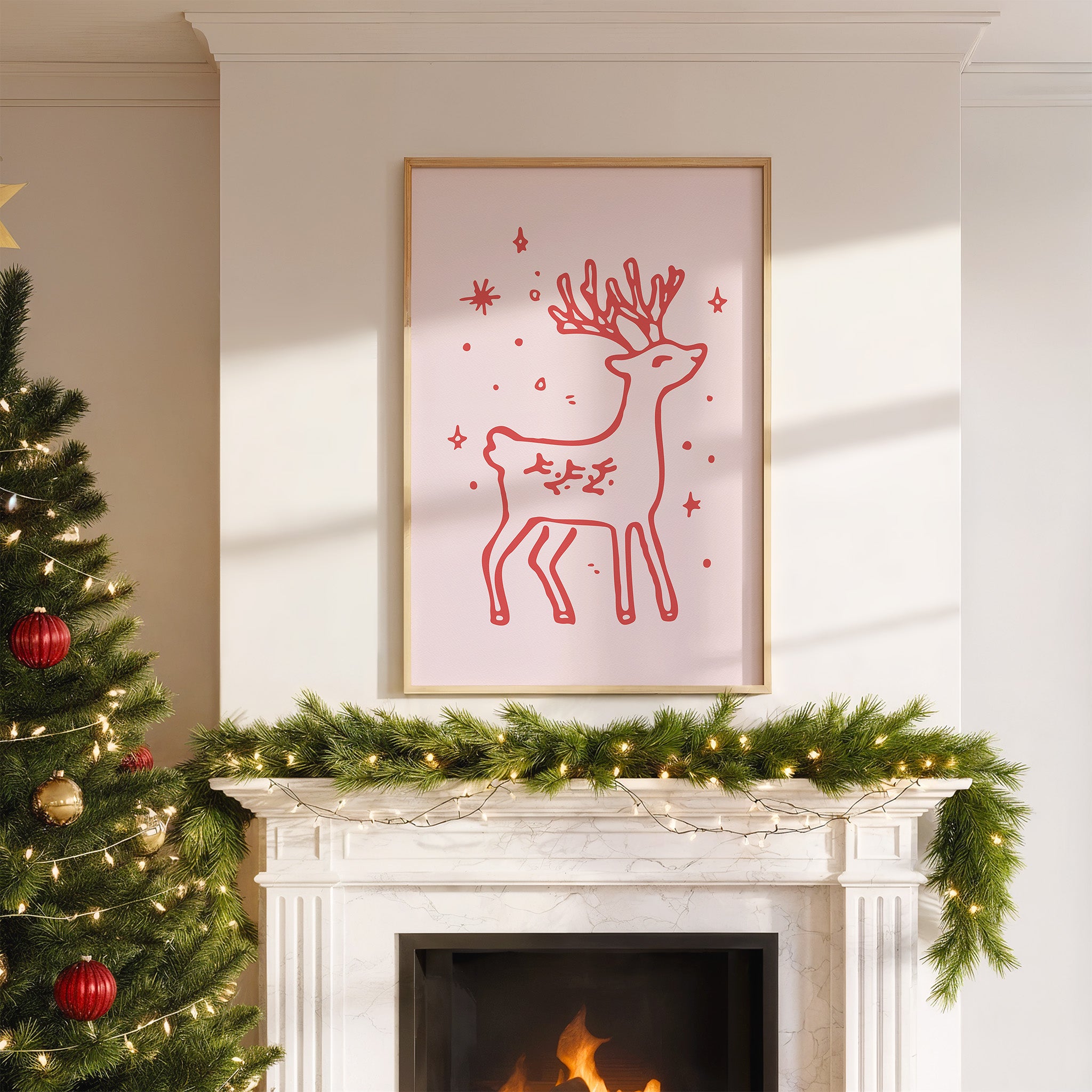 Reindeer Christmas Wall Art | Cute Holiday Illustration Print