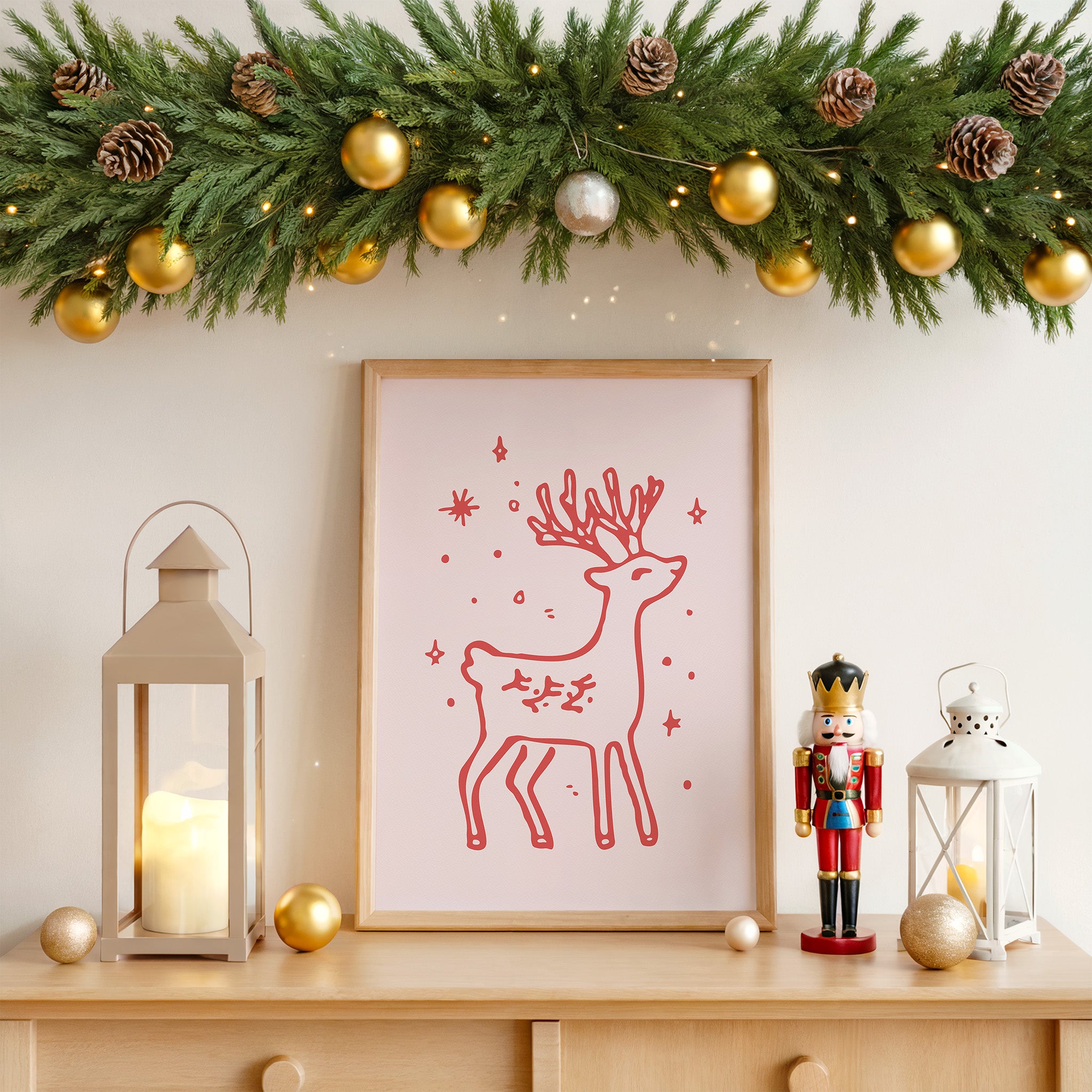 Reindeer Christmas Wall Art | Cute Holiday Illustration Print