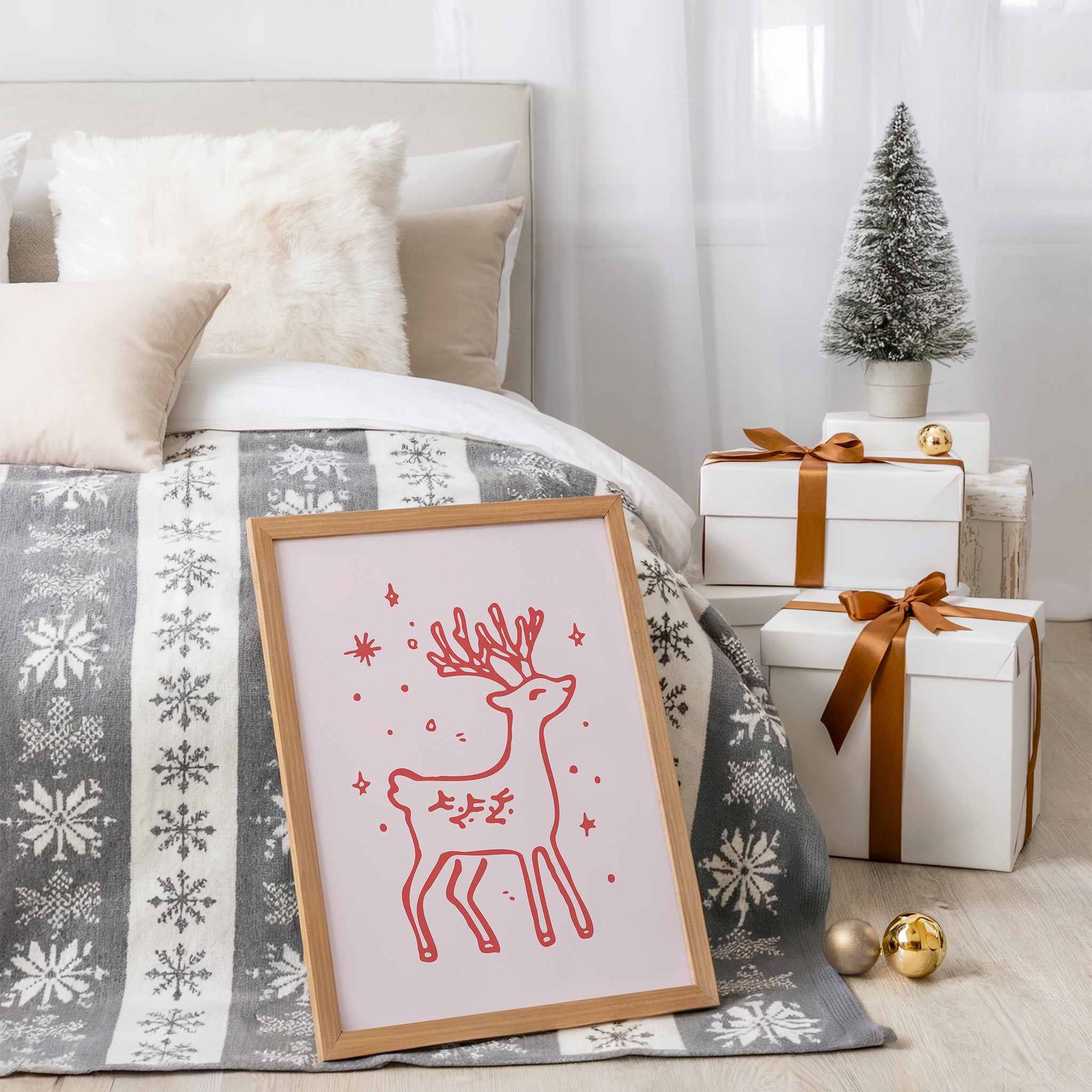 Reindeer Christmas Wall Art | Cute Holiday Illustration Print