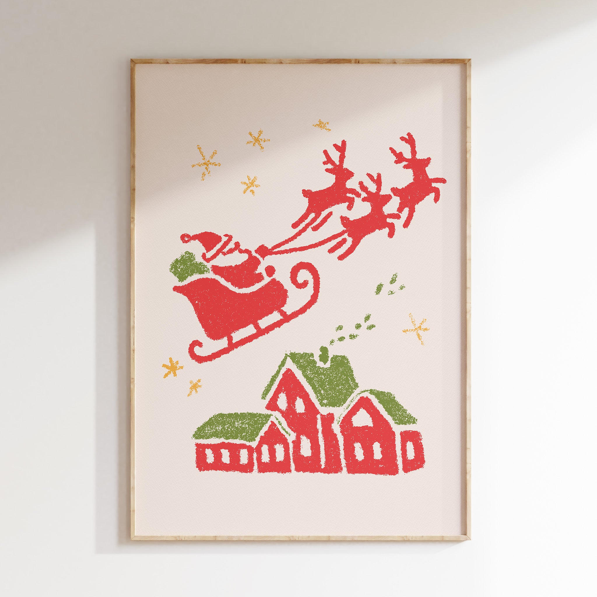 Santa Flying Over the Village – Christmas Wall Art | Vintage Holiday Illustration Print