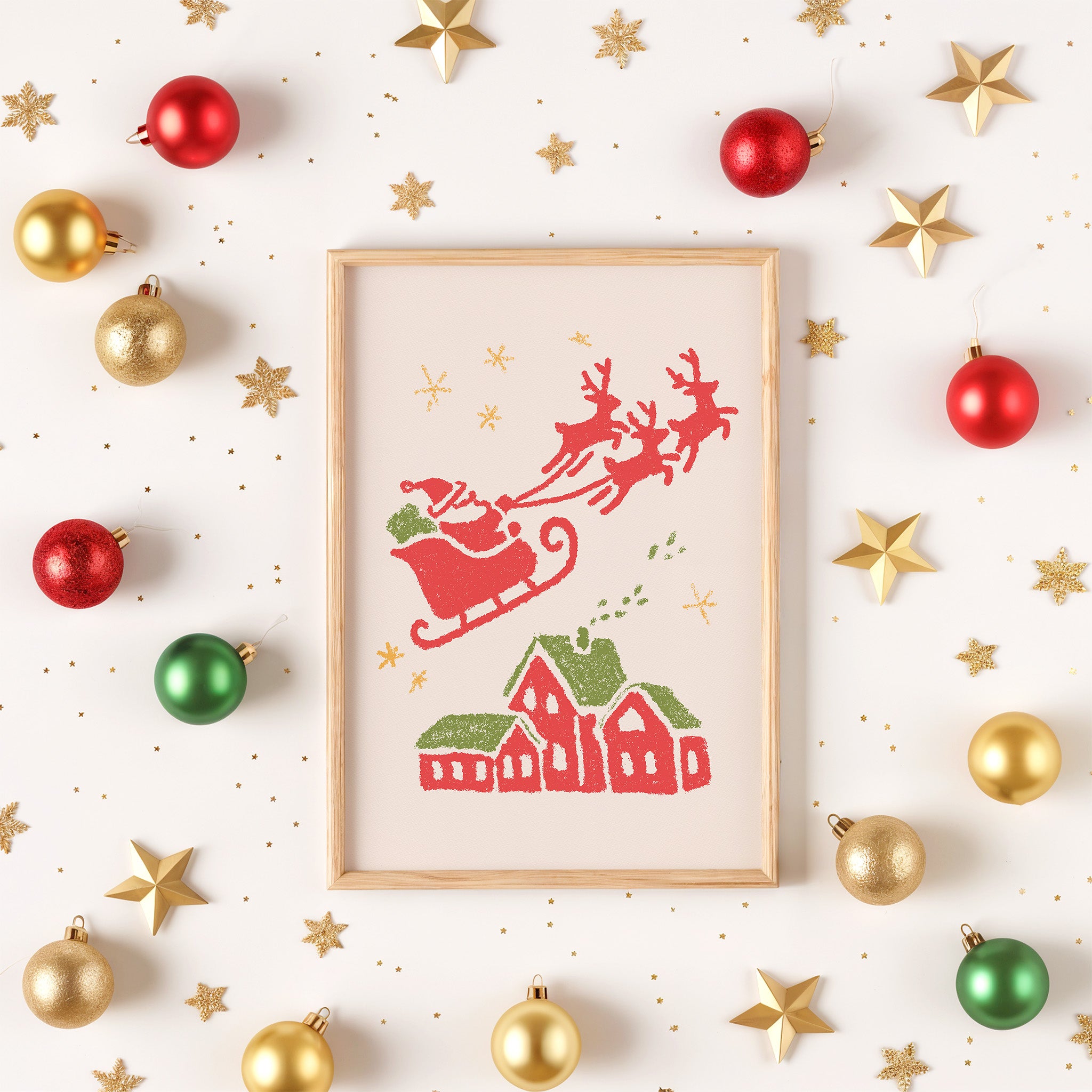 Santa Flying Over the Village – Christmas Wall Art | Vintage Holiday Illustration Print