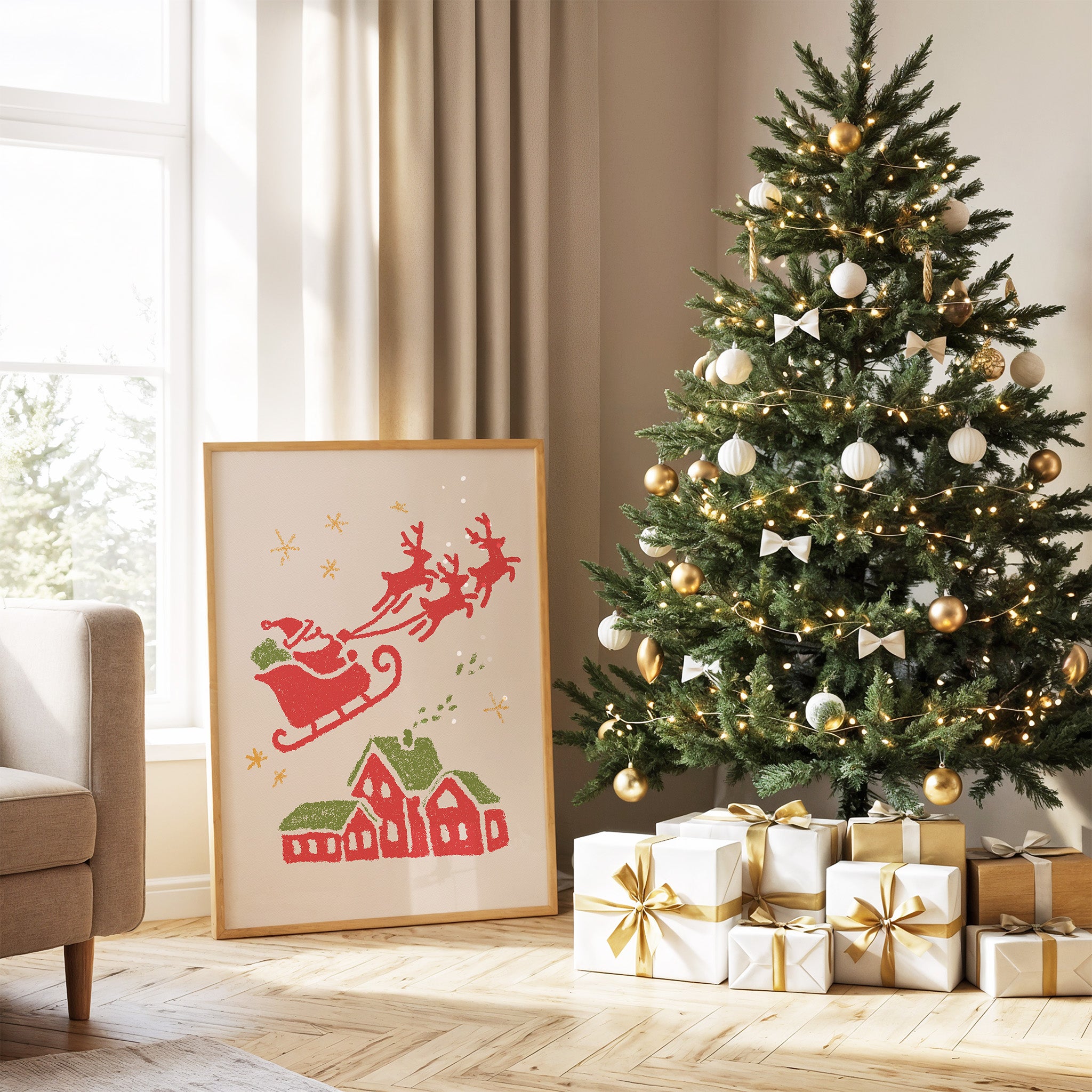 Santa Flying Over the Village – Christmas Wall Art | Vintage Holiday Illustration Print