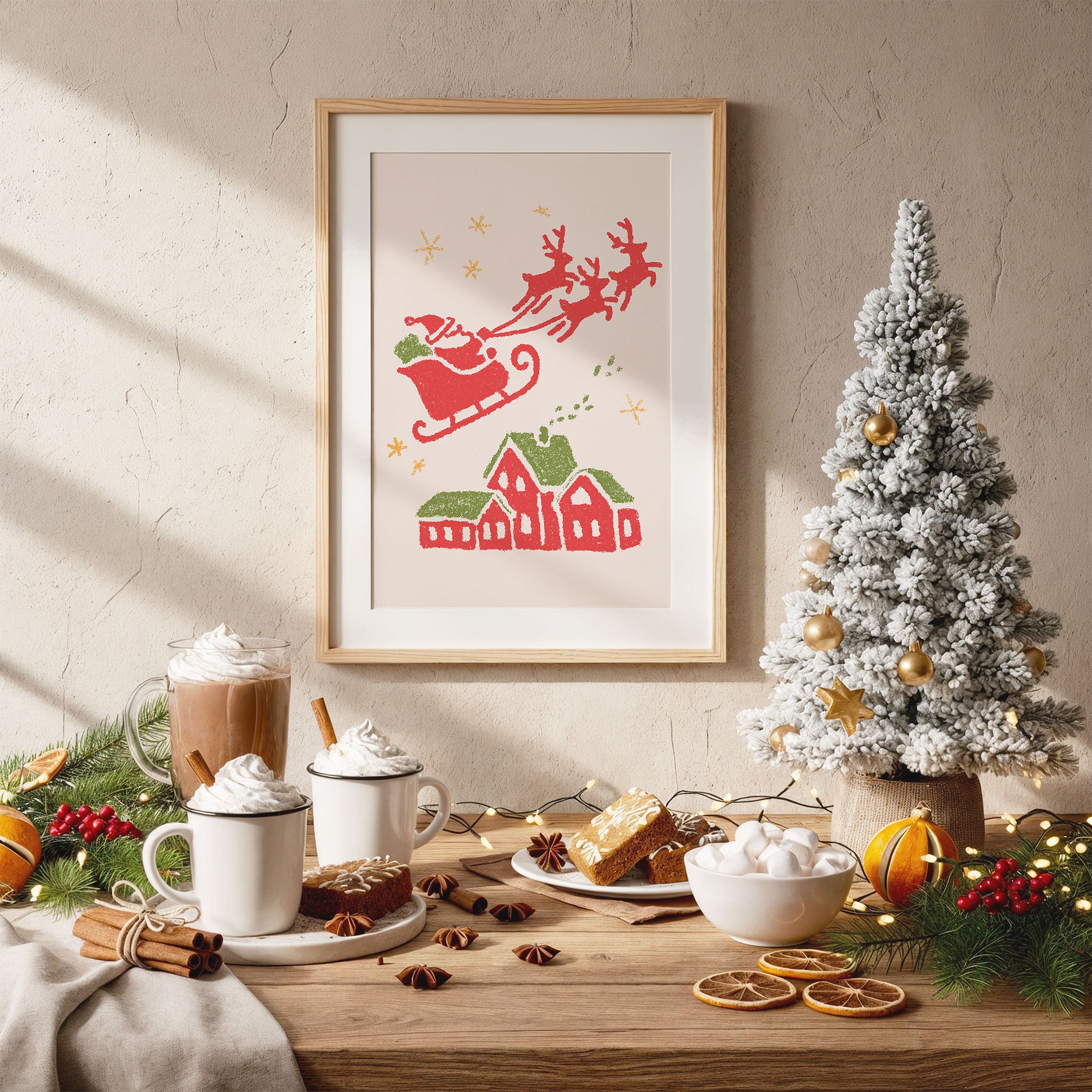 Santa Flying Over the Village – Christmas Wall Art | Vintage Holiday Illustration Print