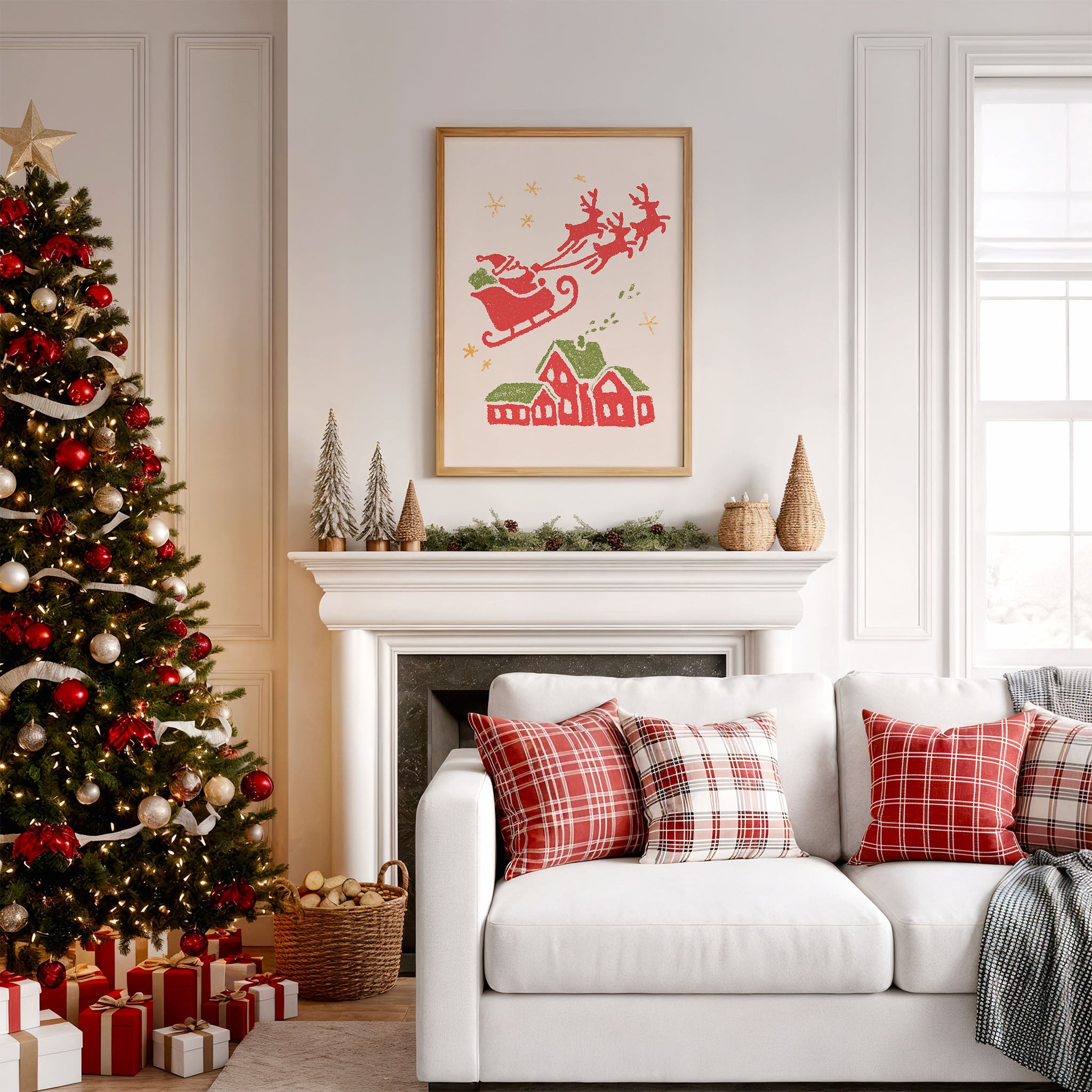 Santa Flying Over the Village – Christmas Wall Art | Vintage Holiday Illustration Print