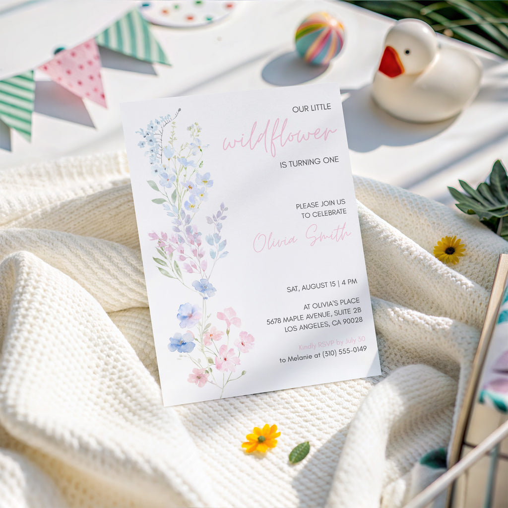 Wildflower 1st Birthday Invitation Template | Editable Canva Design