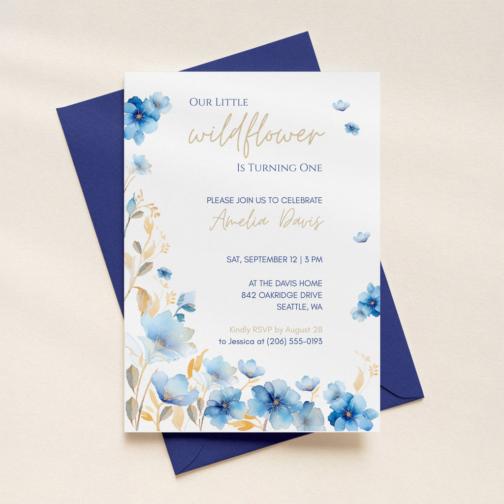 Editable Blue Wildflower 1st Birthday Invitation Template, Canva Floral First Birthday Invitation, Our Little Wildflower Is Turning One, 5x7