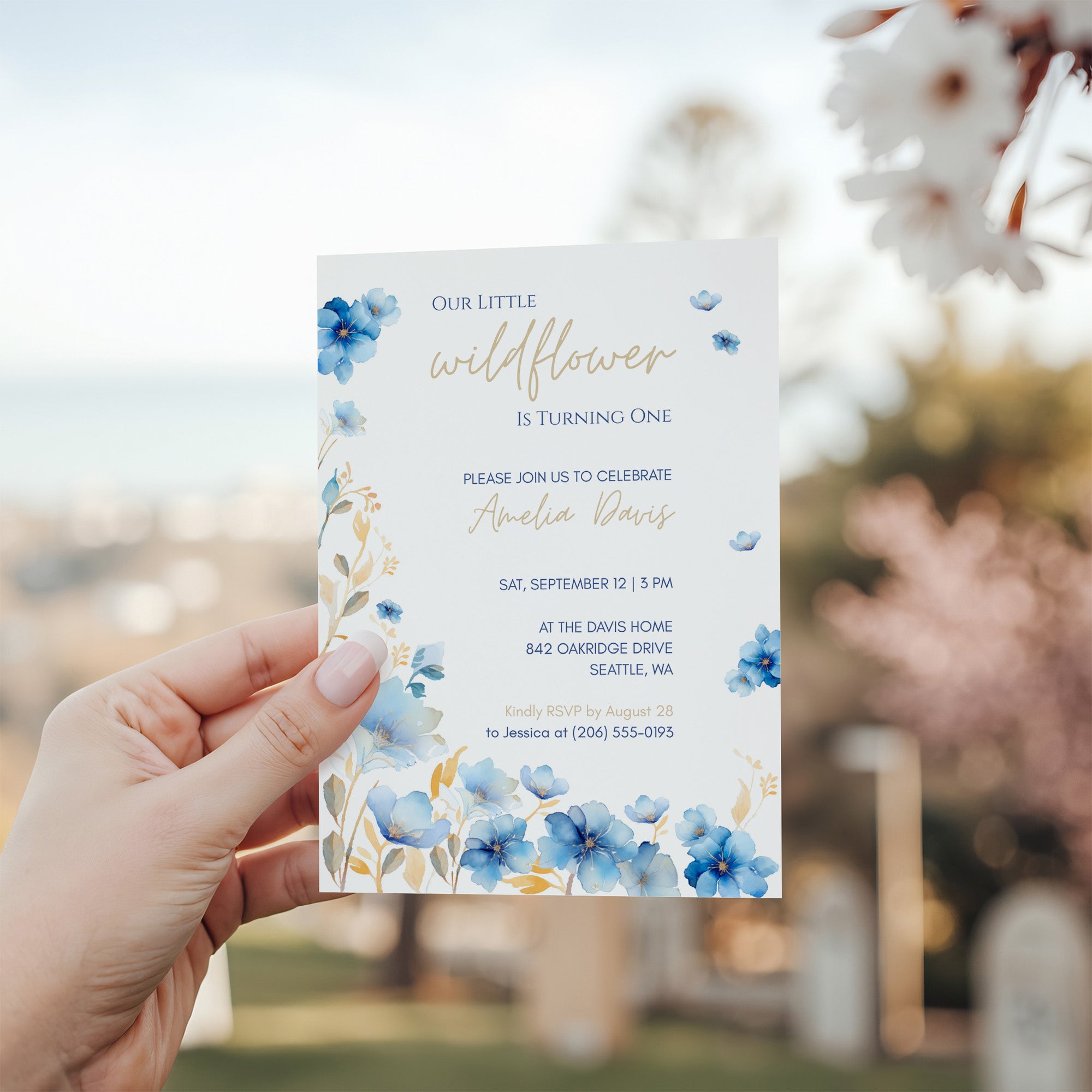 Editable Blue Wildflower 1st Birthday Invitation Template, Canva Floral First Birthday Invitation, Our Little Wildflower Is Turning One, 5x7