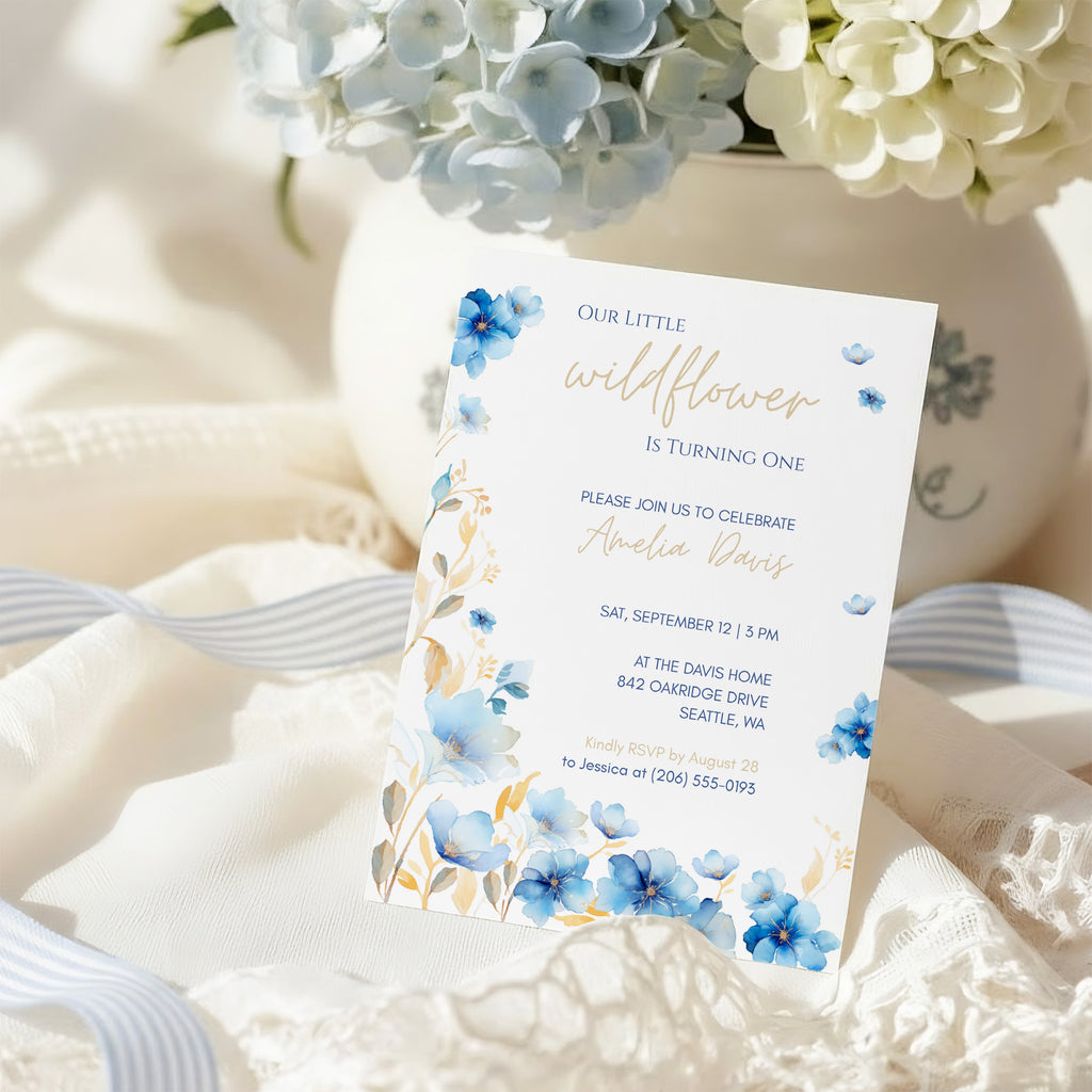 Editable Blue Wildflower 1st Birthday Invitation Template, Canva Floral First Birthday Invitation, Our Little Wildflower Is Turning One, 5x7
