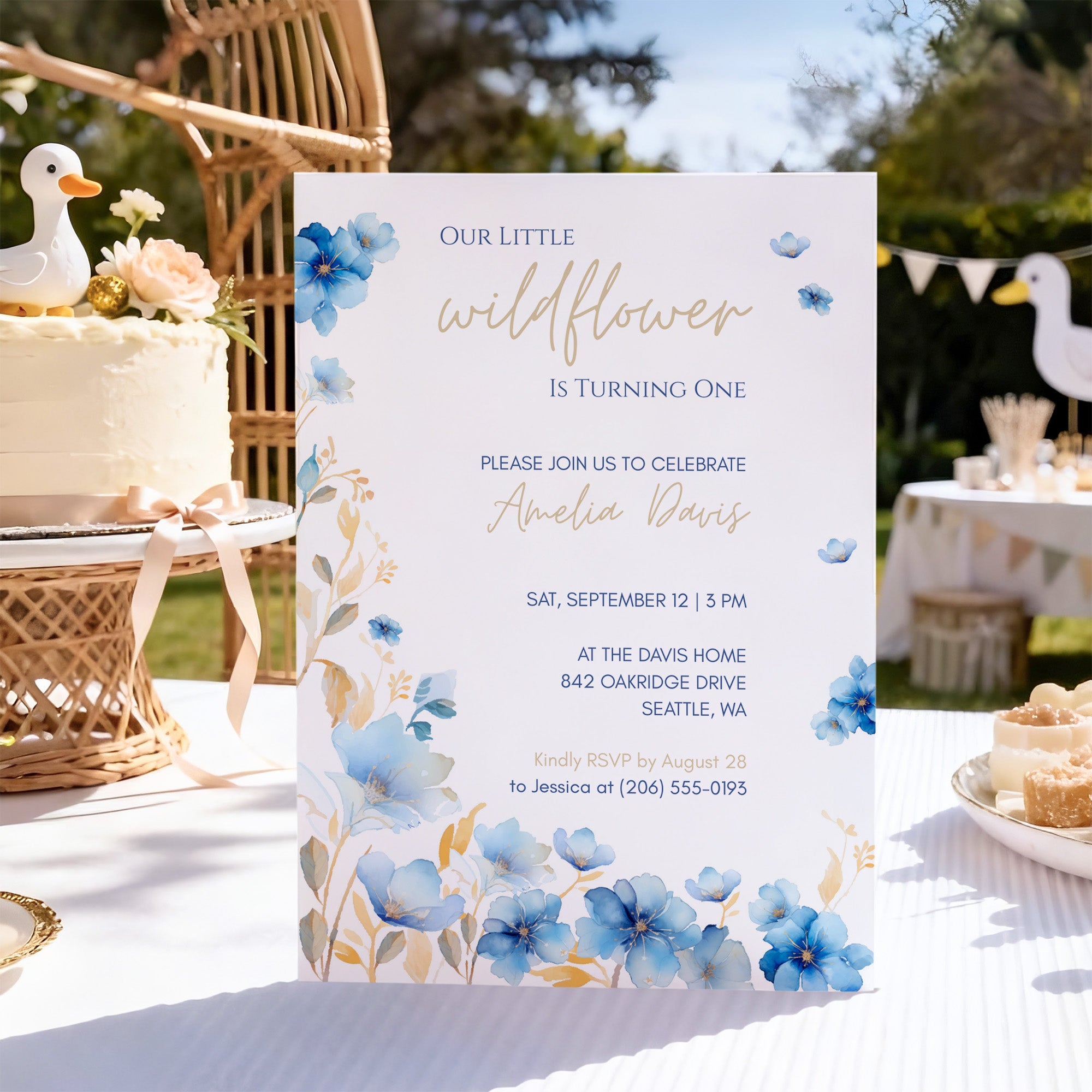 Editable Blue Wildflower 1st Birthday Invitation Template, Canva Floral First Birthday Invitation, Our Little Wildflower Is Turning One, 5x7