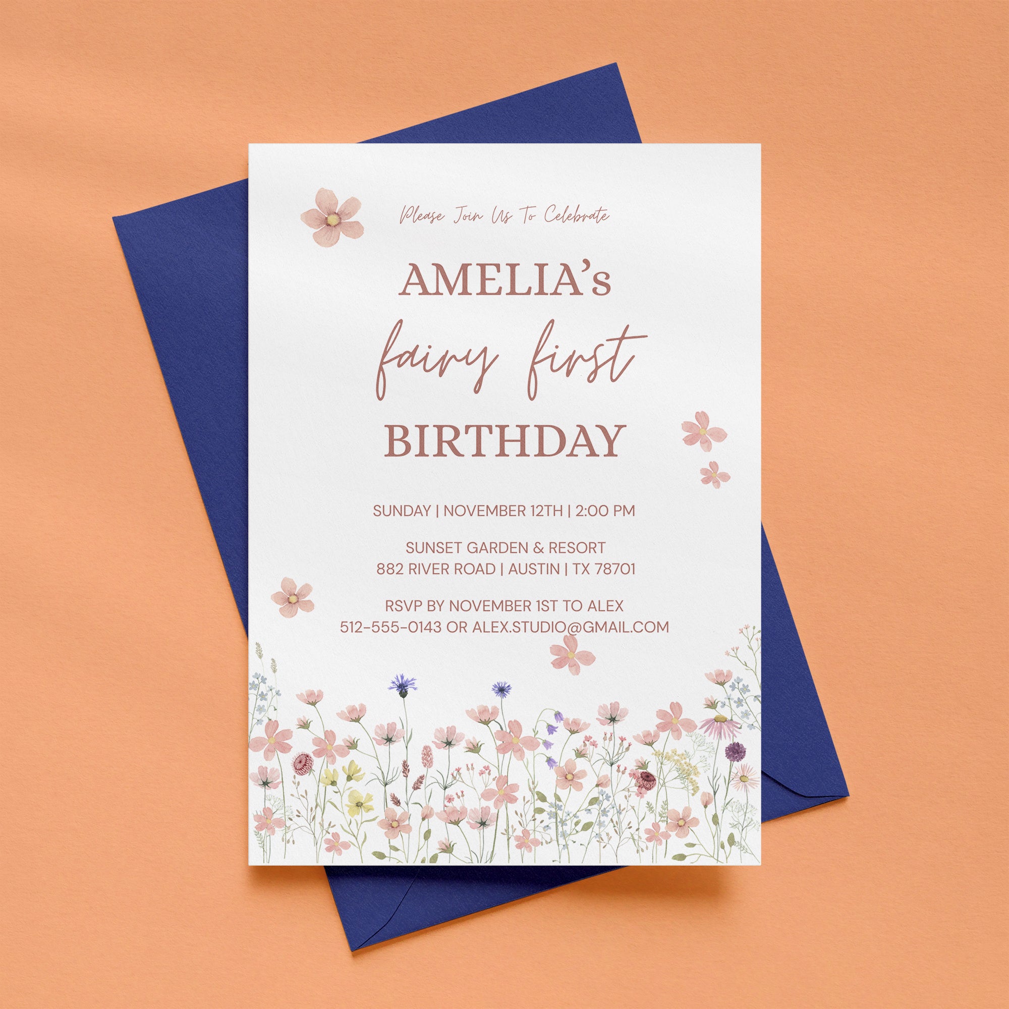 Editable Fairy First Birthday Invitation Template, Soft Pink Floral Wildflower 1st Birthday Invite, Canva Printable Template 5x7