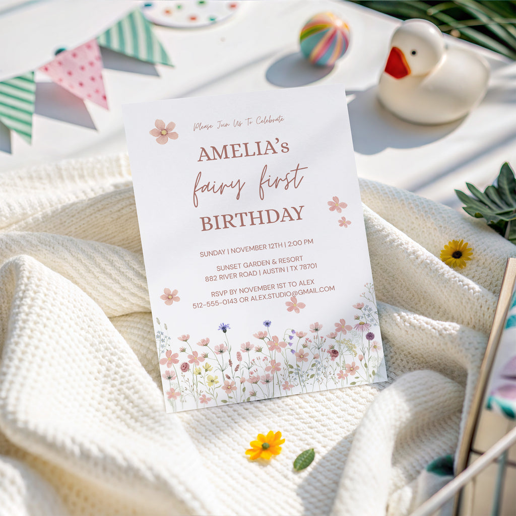 Editable Fairy First Birthday Invitation Template, Soft Pink Floral Wildflower 1st Birthday Invite, Canva Printable Template 5x7