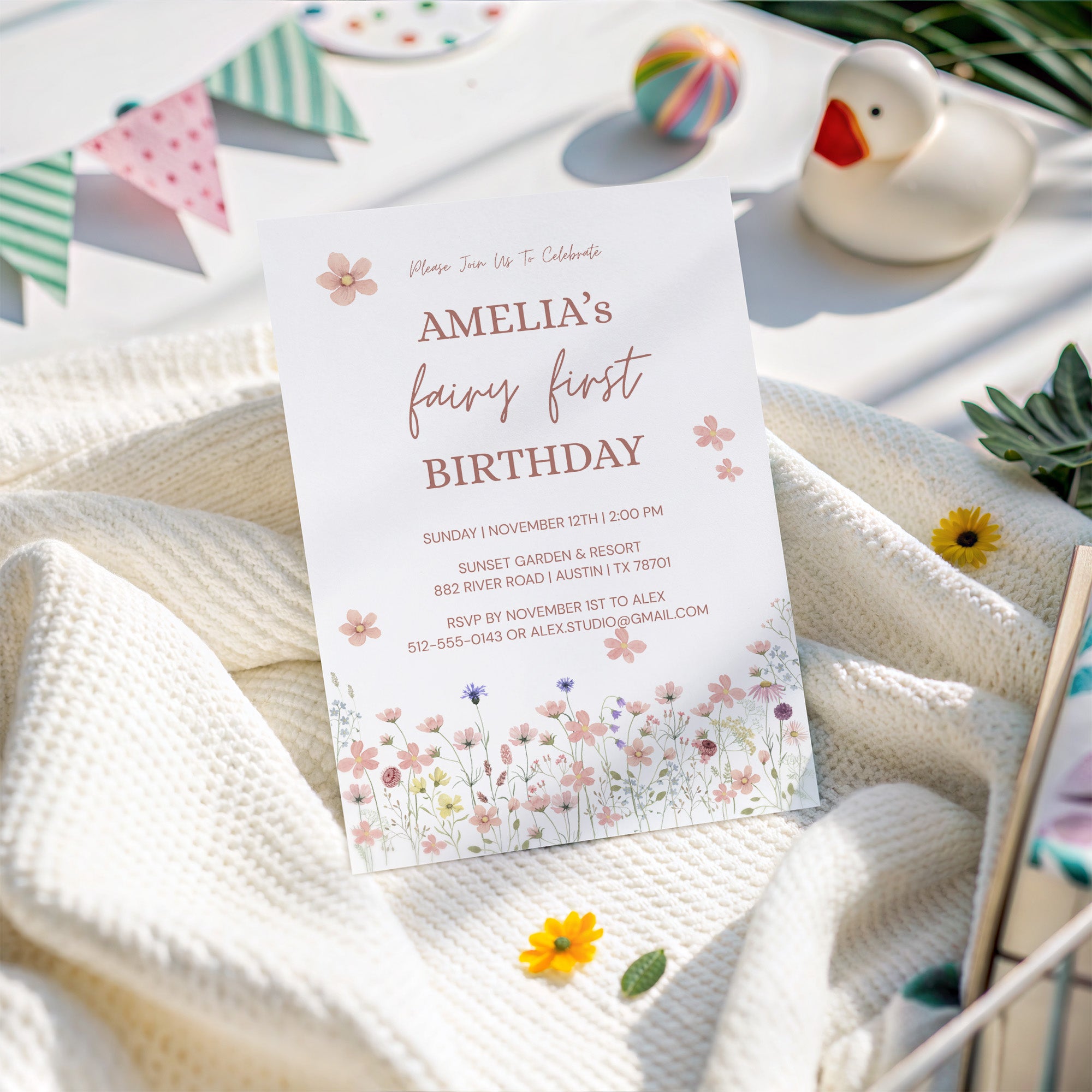 Editable Fairy First Birthday Invitation Template, Soft Pink Floral Wildflower 1st Birthday Invite, Canva Printable Template 5x7