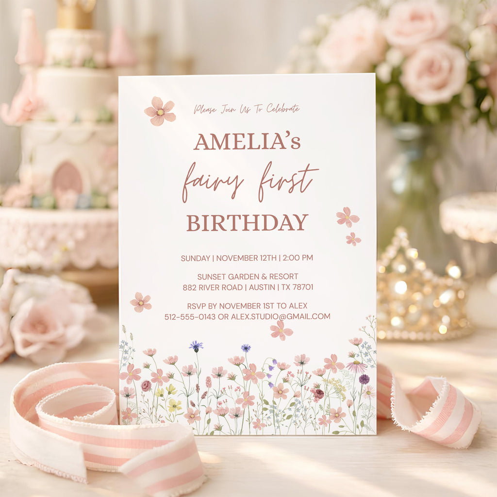 Editable Fairy First Birthday Invitation Template, Soft Pink Floral Wildflower 1st Birthday Invite, Canva Printable Template 5x7