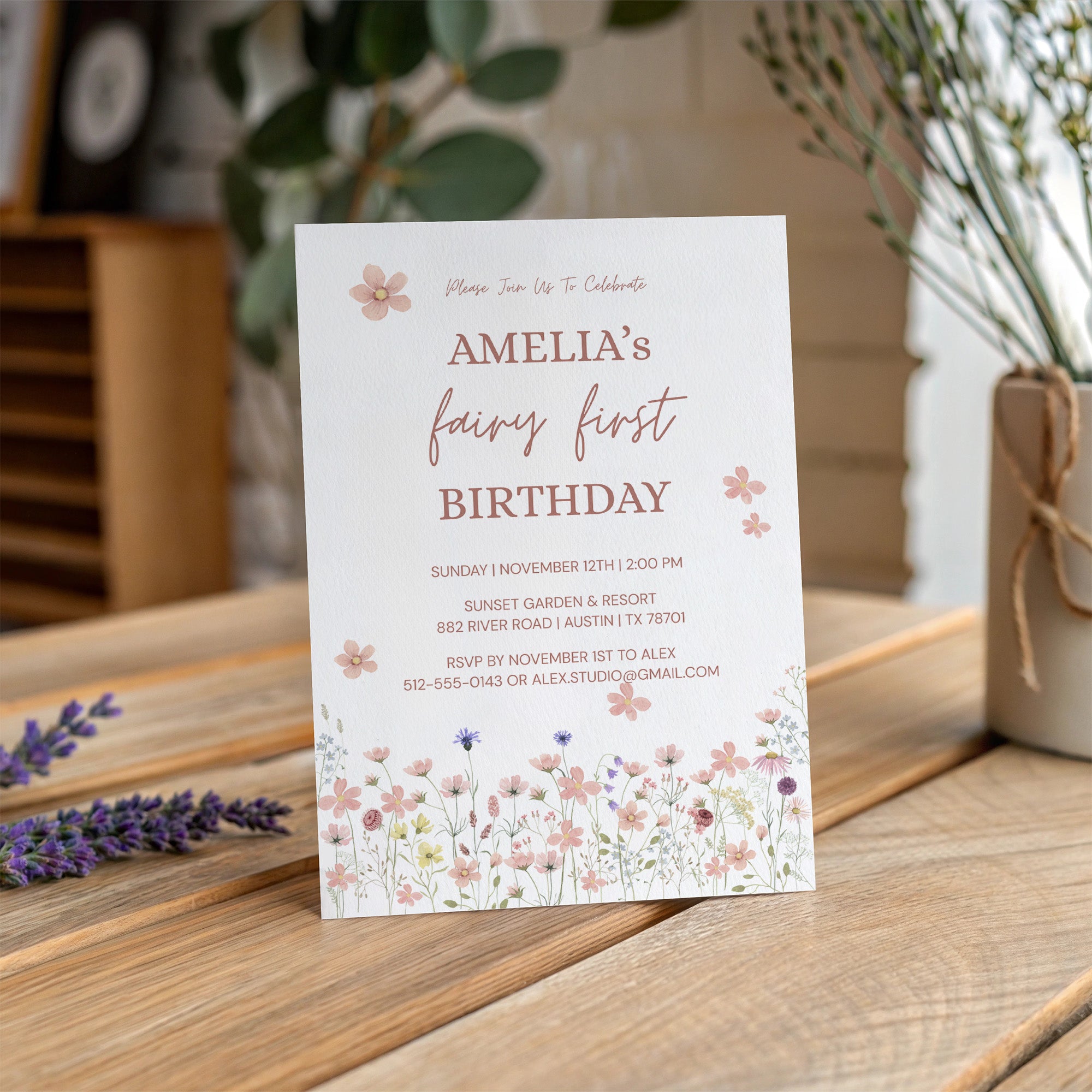 Editable Fairy First Birthday Invitation Template, Soft Pink Floral Wildflower 1st Birthday Invite, Canva Printable Template 5x7