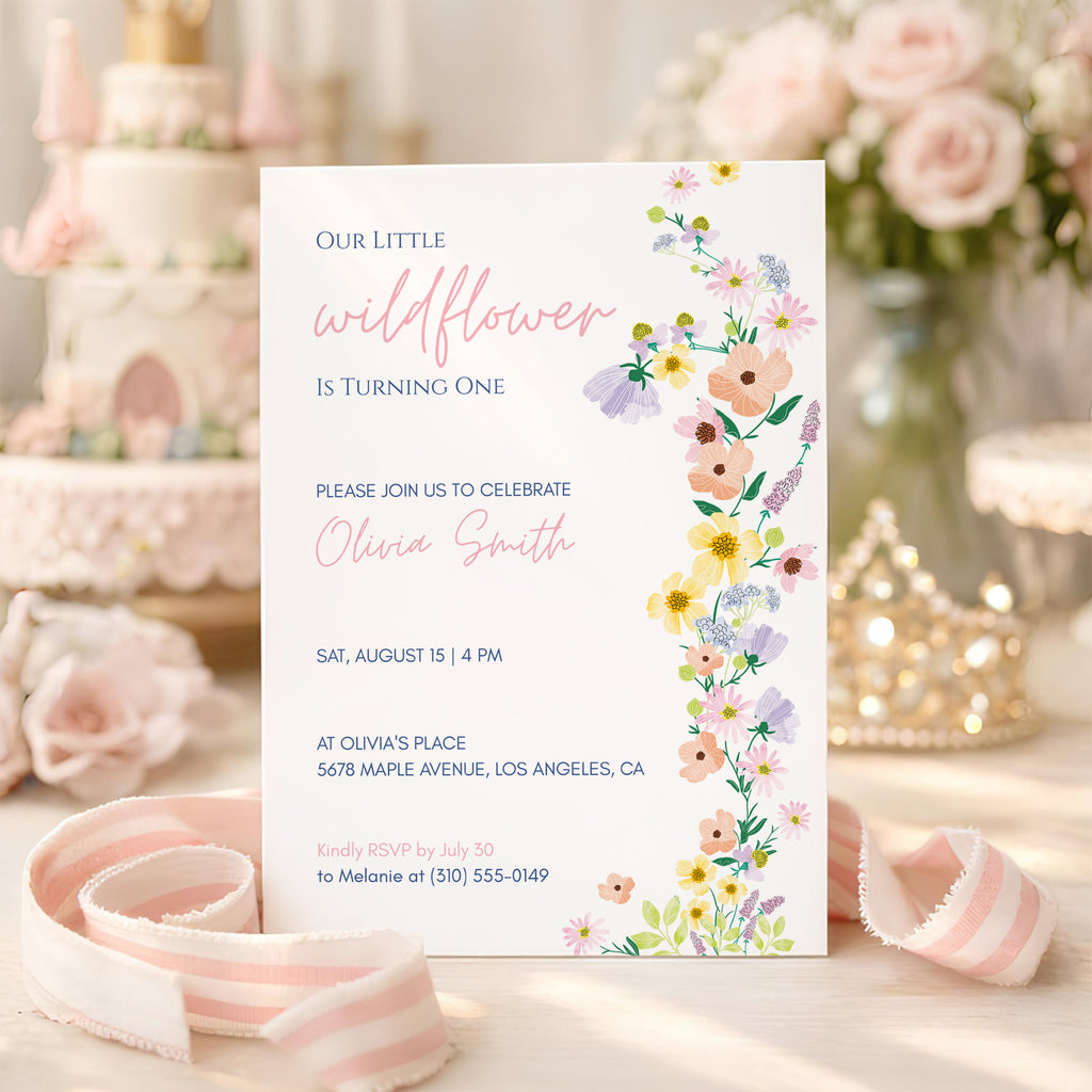 Editable Wildflower 1st Birthday Invitation Template, Colorful Floral First Birthday Invite, Our Little Wildflower Is Turning One, Canva 5x7