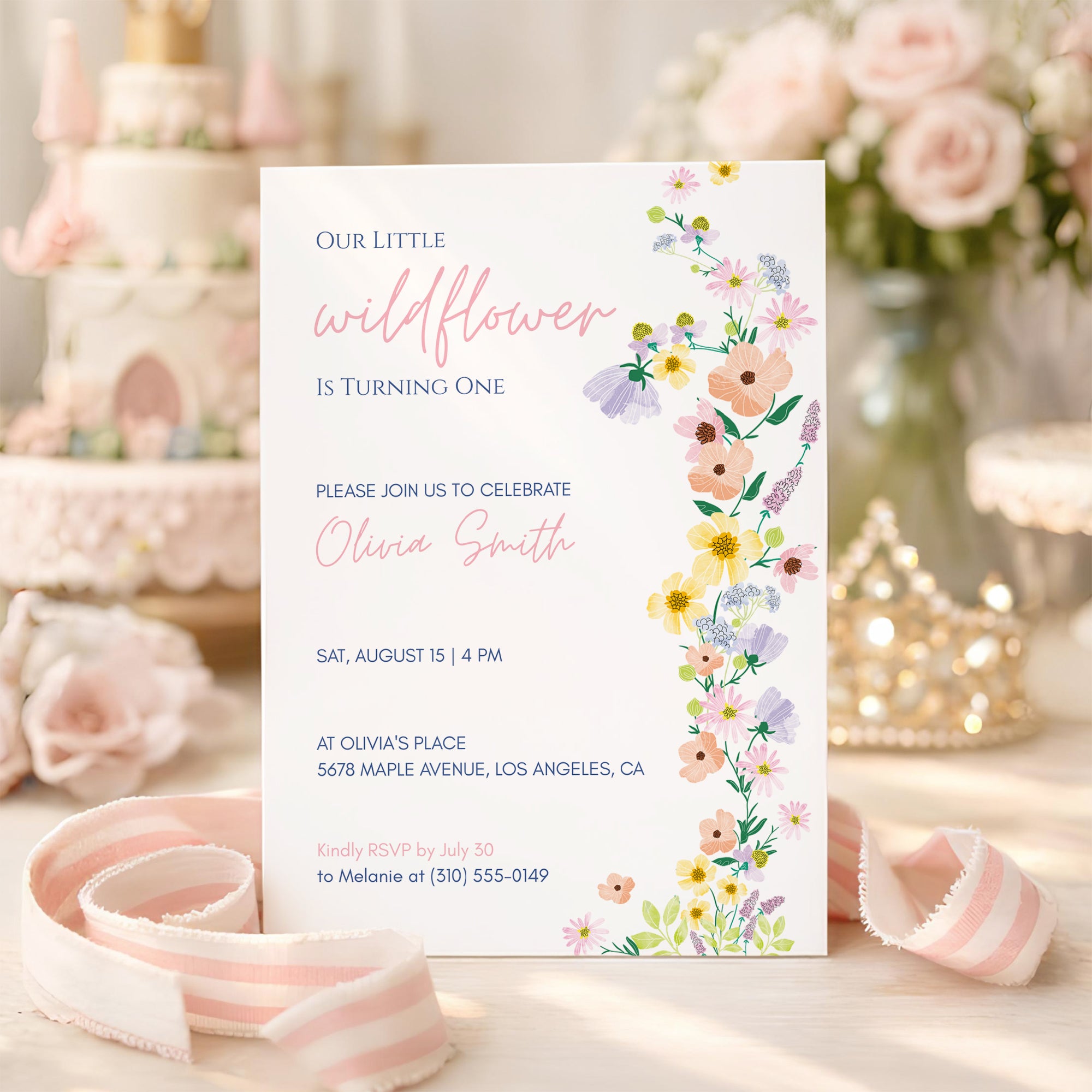 Editable Wildflower 1st Birthday Invitation Template, Colorful Floral First Birthday Invite, Our Little Wildflower Is Turning One, Canva 5x7