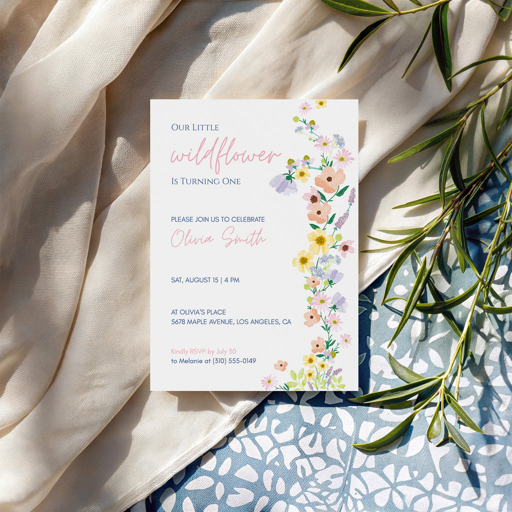 Editable Wildflower 1st Birthday Invitation Template, Colorful Floral First Birthday Invite, Our Little Wildflower Is Turning One, Canva 5x7