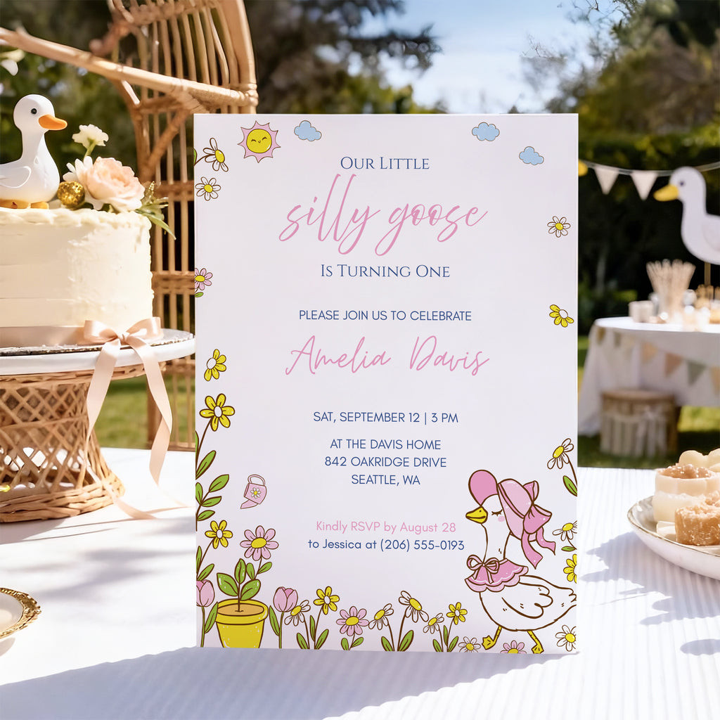 Editable Silly Goose 1st Birthday Invitation Template for Baby Girl in Canva 5x7 Digital Download
