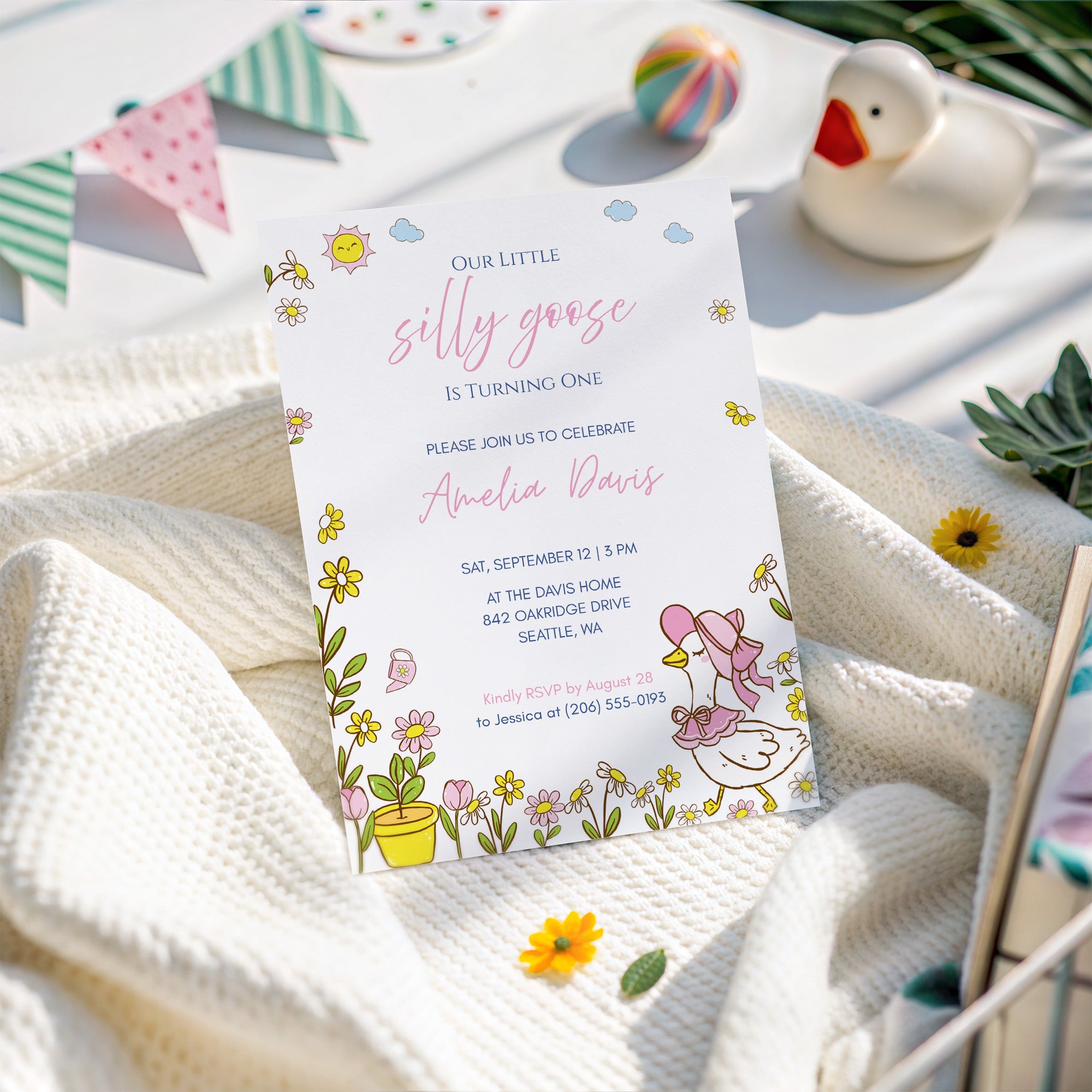 Editable Silly Goose 1st Birthday Invitation Template for Baby Girl in Canva 5x7 Digital Download