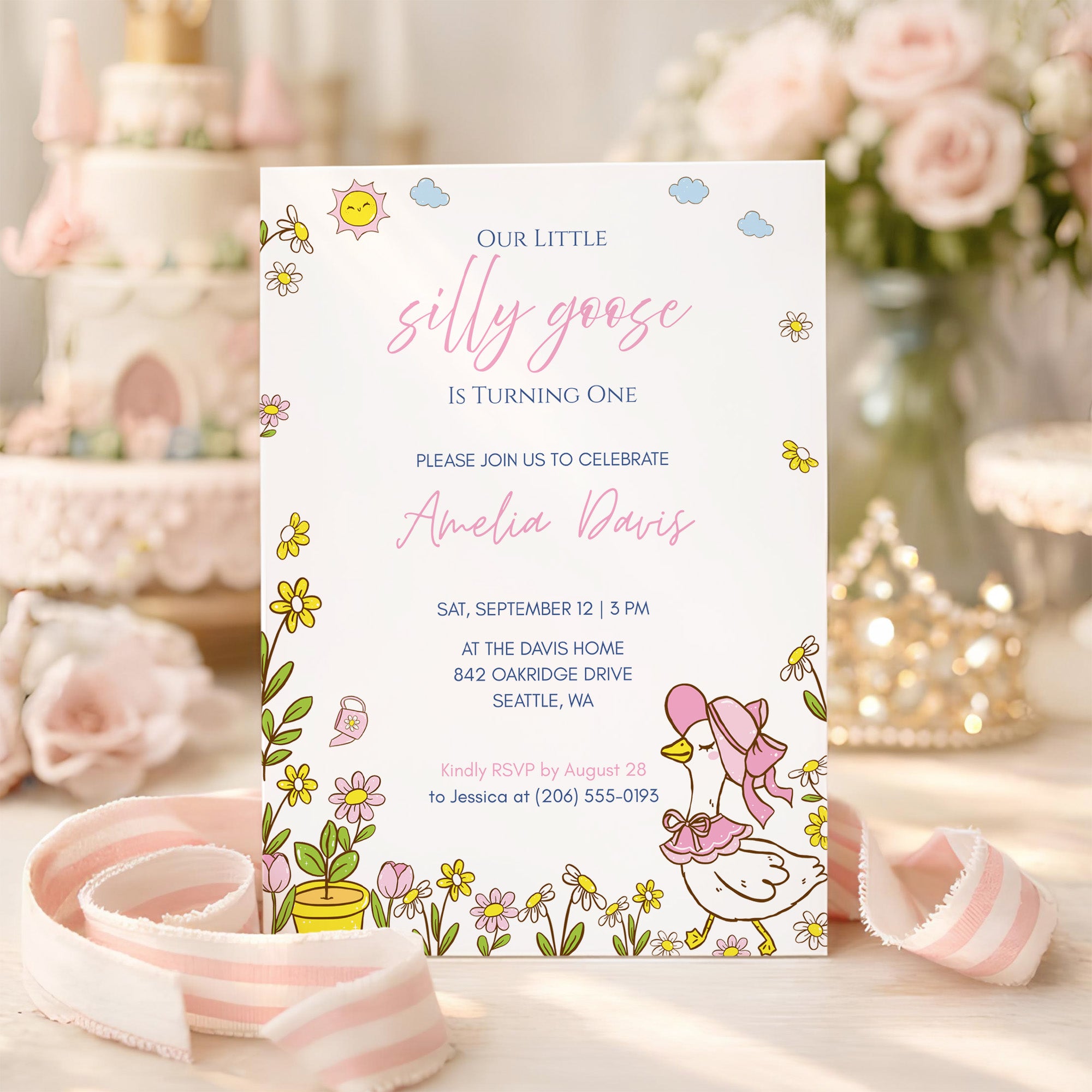 Editable Silly Goose 1st Birthday Invitation Template for Baby Girl in Canva 5x7 Digital Download