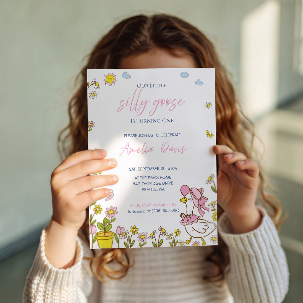 Editable Silly Goose 1st Birthday Invitation Template for Baby Girl in Canva 5x7 Digital Download