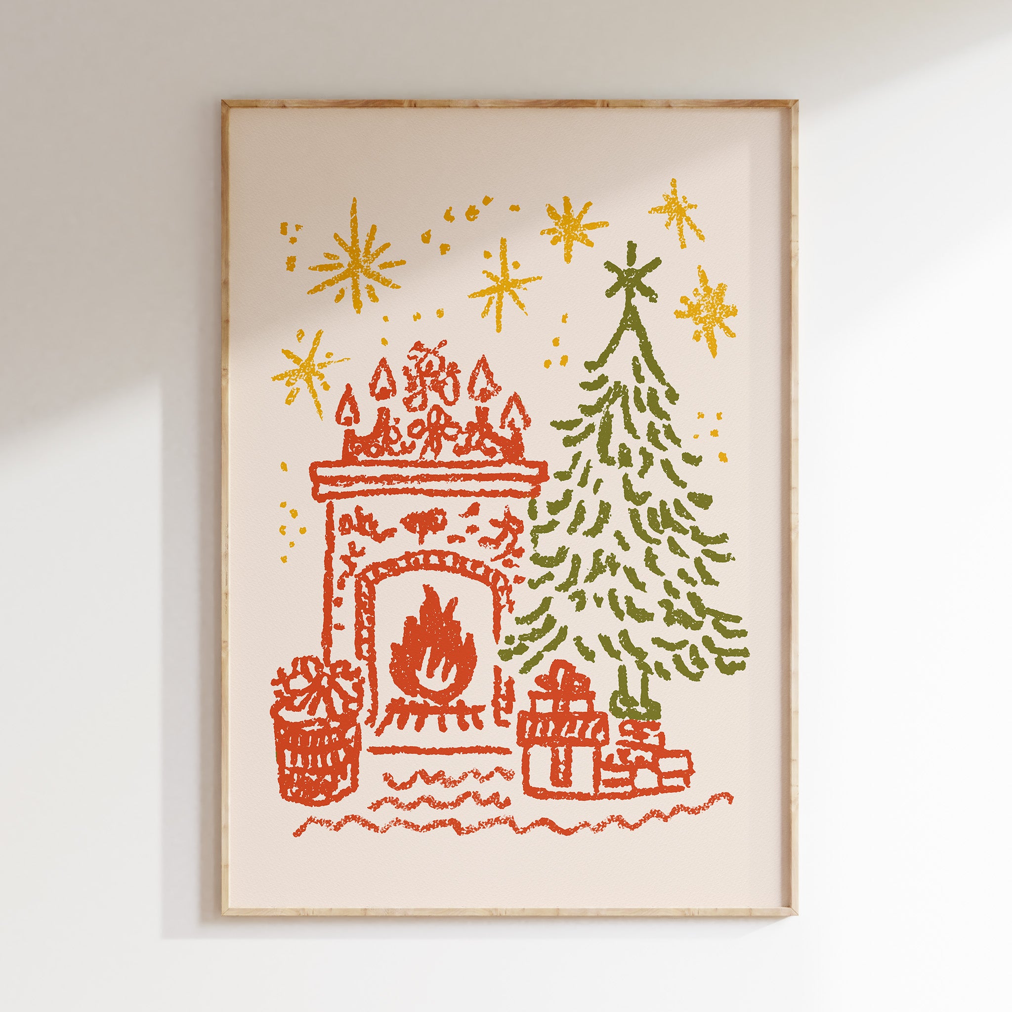 Cozy Christmas Fireplace Wall Art | Holiday Tree & Gifts Illustration Print