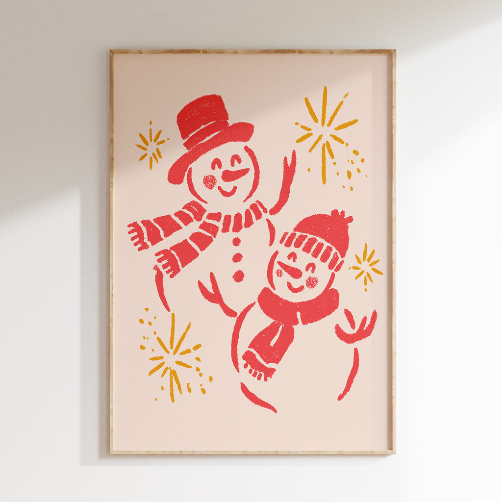 Smiling Snowmen Christmas Wall Art | Cute Winter Holiday Illustration Print