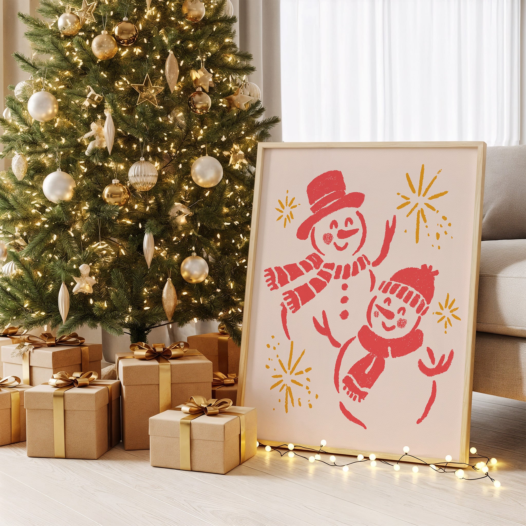 Smiling Snowmen Christmas Wall Art | Cute Winter Holiday Illustration Print
