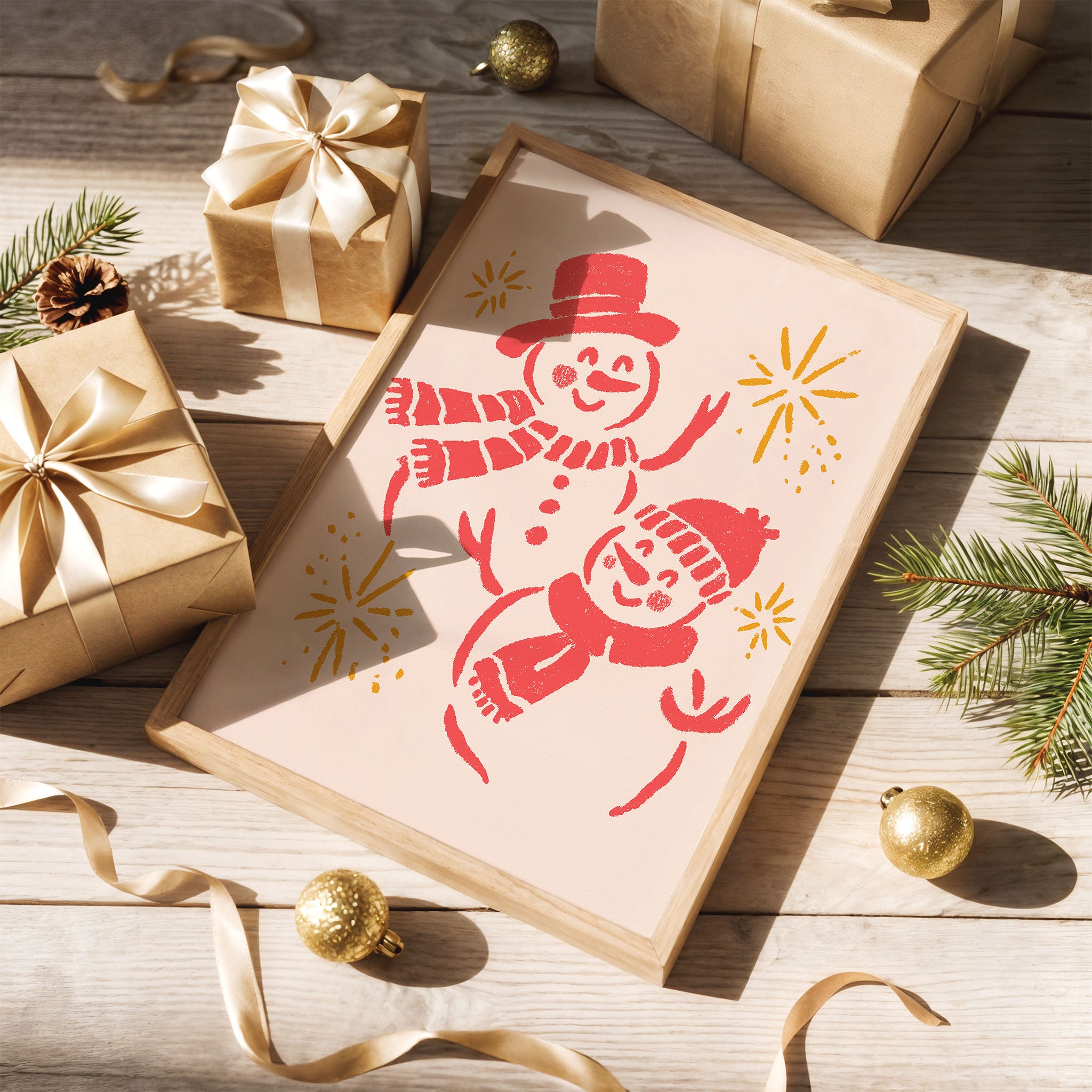 Smiling Snowmen Christmas Wall Art | Cute Winter Holiday Illustration Print