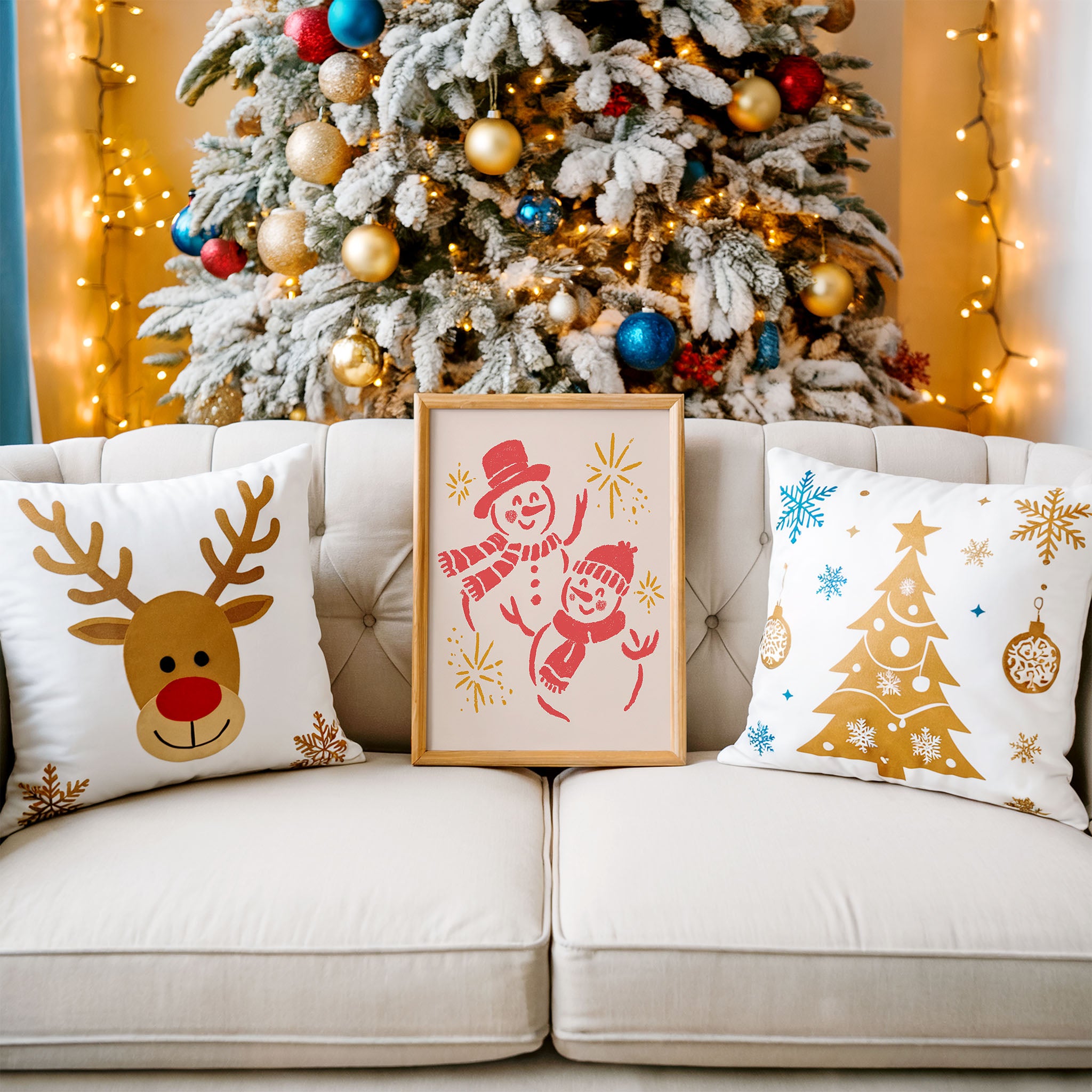 Smiling Snowmen Christmas Wall Art | Cute Winter Holiday Illustration Print