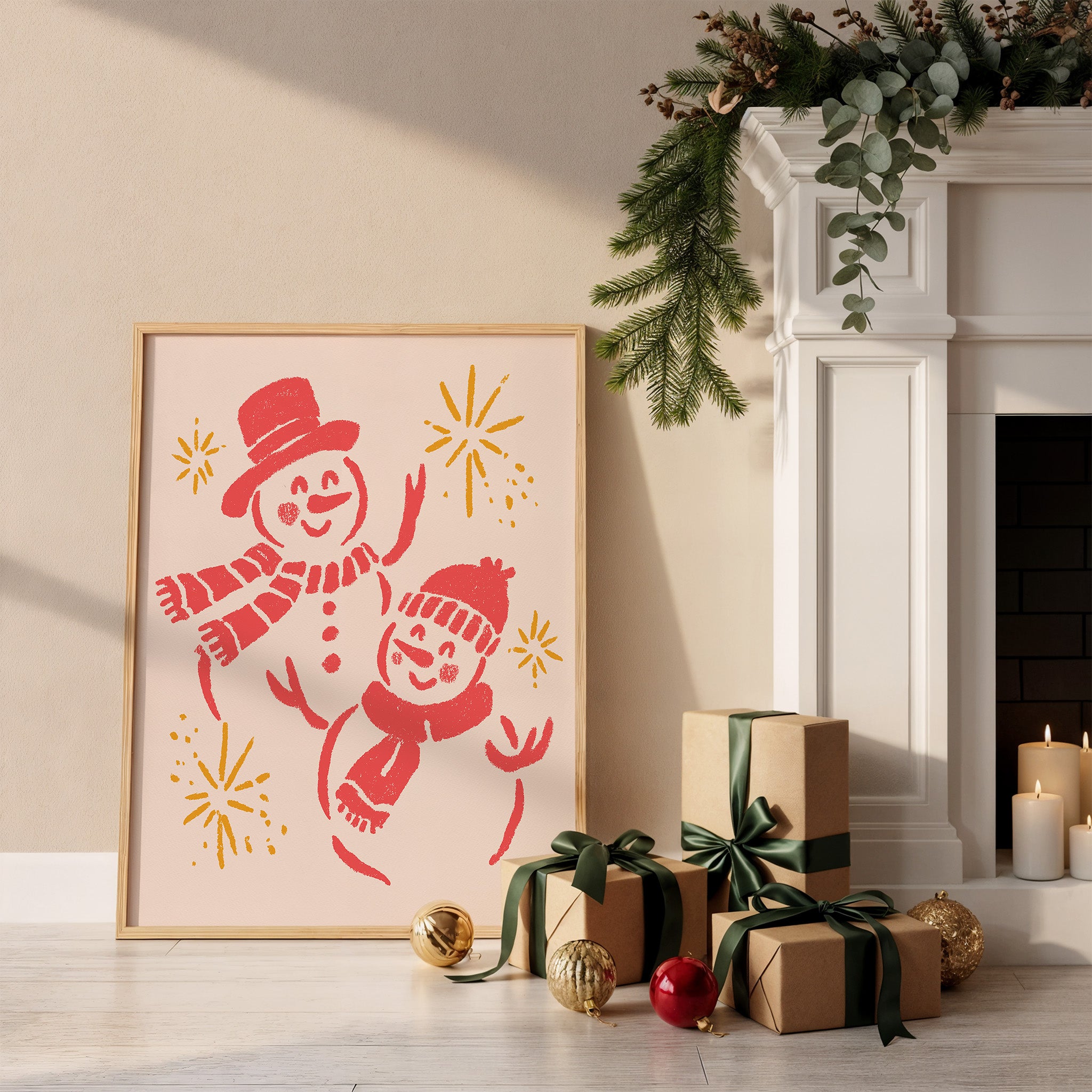 Smiling Snowmen Christmas Wall Art | Cute Winter Holiday Illustration Print